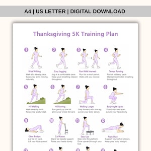 以下が含まれることがあります： 「Thanksgiving 5K Training Plan」と題されたデジタルダウンロード文書。12個の番号付きエクササイズイラストが掲載されています。各セクションには、ウォーキング、ジョギング、ランジ、スクワット、プランクなどの動きを行う人物の紫色のグラフィックと、テキストによる説明が含まれています。