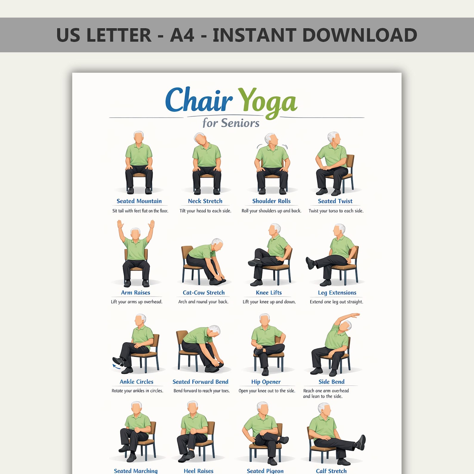 Chair Yoga for Seniors, Seated Chair Exercises Printable, 16 Pose