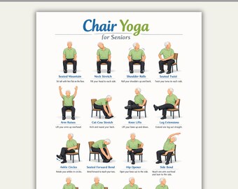 Yoga en silla para personas mayores, ejercicios imprimibles en silla, tabla de 16 posturas de yoga suave para adultos mayores, ejercicios en silla (PDF)