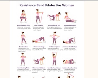 Pilates con bandas de resistencia para mujeres (PDF imprimible) / Tabla de ejercicios de Pilates / Póster de fitness para gimnasio en casa