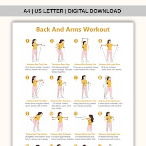 May include: A digital download chart titled Back And Arms Workout featuring twelve numbered illustrations of a person in a yellow shirt and pink leggings using a blue resistance band to perform various exercises with instructional text.