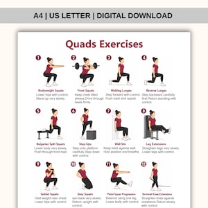 May include: A digital download chart titled Quads Exercises featuring twelve numbered illustrations of a person in a maroon shirt and black leggings performing various leg exercises with descriptive text instructions for each movement.