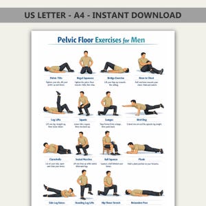 Puede incluir: Un póster blanco con el texto "US LETTER - A4 - INSTANT DOWNLOAD" en la parte superior. El póster muestra ilustraciones de ejercicios del suelo pélvico para hombres, incluyendo inclinaciones pélvicas, elevaciones de piernas y sentadillas. El título "Pelvic Floor Exercises for Men" es azul.