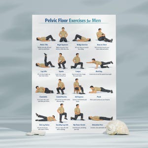 May include: A poster titled "Pelvic Floor Exercises for Men" displays illustrated instructions for various exercises. The exercises include pelvic tilts, kegel squeezes, bridge exercise, knee to chest, leg lifts, squats, lunges, bird dog, clamshells, seated marches, ball squeeze, plank, side leg raises, standing leg lifts, hip flexor stretch, and relaxation pose.