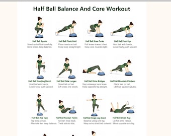 PDF imprimible de ejercicios de equilibrio y fortalecimiento del core con media pelota / Tabla de ejercicios de estabilidad y equilibrio / Póster de fitness para gimnasio en casa para mujeres