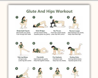 Plantilla imprimible en PDF para ejercicios de glúteos y caderas / Tabla de ejercicios para la parte inferior del cuerpo para mujeres / Póster de fitness para gimnasio en casa