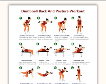 Rutina de ejercicios para la espalda y la postura con mancuernas (PDF imprimible) / Tabla de ejercicios para principiantes para la parte superior de la espalda / Póster de fitness para gimnasio en casa