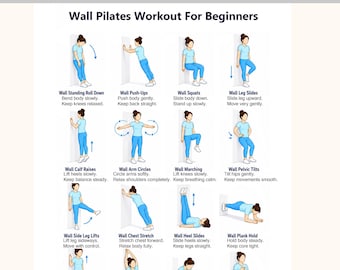 Rutina de Pilates de pared para principiantes (PDF imprimible) / Ejercicios de Pilates de pie para todo el cuerpo / Póster de fitness para el hogar
