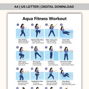 May include: A digital download chart titled Aqua Fitness Workout featuring twelve numbered illustrations of a person in a pool performing exercises like water walking, squats, and flutter kicks with descriptive text for each movement.