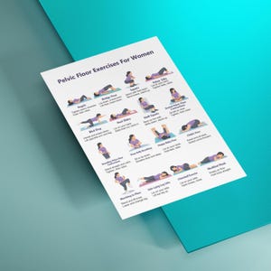 May include: A white poster titled "Pelvic Floor Exercises For Women" with illustrations of various exercises. The poster is angled on a teal surface. Exercises include Kegels, squats, and heel slides.