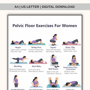 Puede incluir: Una descarga digital titulada "Ejercicios de suelo pélvico para mujeres" con ilustraciones de varios ejercicios. Los ejercicios incluyen Kegels, Postura de puente, Sentadillas, Inclinaciones pélvicas, Bird Dog, Deslizamientos de talón, Sentadillas de pared y Contracciones del suelo pélvico sentado.