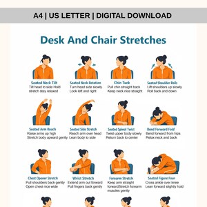 May include: A digital download titled "Desk And Chair Stretches" in A4 size. The image shows 12 illustrated exercises, each with a person in an orange top demonstrating stretches such as neck tilts, arm reaches, and spinal twists. Text accompanies each illustration.