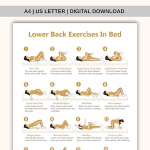 May include: A digital download chart titled Lower Back Exercises In Bed, featuring twelve numbered illustrations of a person in tan clothing performing various stretches on a white mattress, with instructional text for each movement.