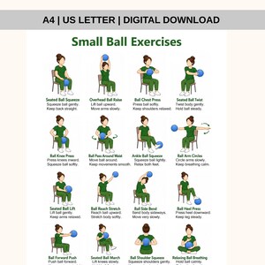 Può includere: Download digitale di una guida di fitness intitolata "Small Ball Exercises". La guida presenta esercizi illustrati con una pallina, tra cui sollevamenti sopra la testa, pressioni sul petto e cerchi con le braccia. Gli esercizi sono dimostrati da una persona in abbigliamento verde.