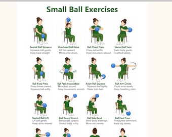 Ejercicios con balón pequeño para personas mayores (imprimible) / Tabla de ejercicios con balón sentado y de pie / Póster de ejercicios en silla (PDF)