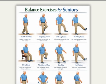 Ejercicios de equilibrio para personas mayores, tabla de ejercicios de equilibrio para adultos mayores, ejercicios en silla (PDF), tablas de ejercicios imprimibles, descarga digital