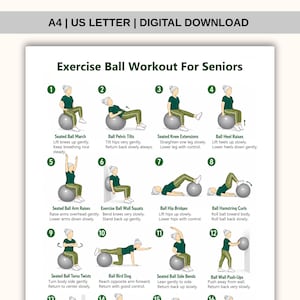 May include: A digital download chart titled Exercise Ball Workout For Seniors, featuring twelve numbered illustrations of a person in a green shirt and olive trousers performing various exercises with a grey exercise ball, including text instructions.