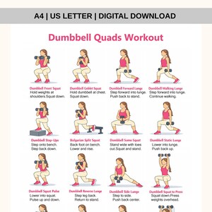 May include: A digital workout guide titled "Dumbbell Quads Workout" in A4 size. The guide features illustrated exercises, including squats, lunges, and step-ups, with instructions for each movement. The guide is designed for fitness enthusiasts.