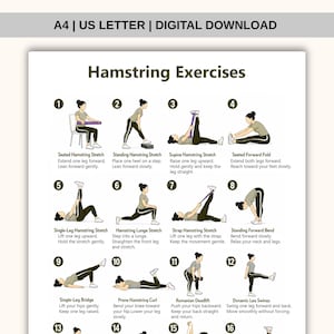 Può includere: Un poster digitale scaricabile intitolato Hamstring Exercises con sedici illustrazioni numerate di una figura che esegue vari esercizi di stretching. Il testo A4 | US LETTER | DIGITAL DOWNLOAD appare in cima alla pagina bianca.