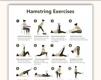 Ejercicios para isquiotibiales (PDF imprimible) / Tabla de ejercicios para isquiotibiales / Póster de entrenamiento para fortalecer y flexibilizar las piernas