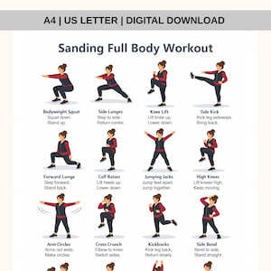 Può includere: Guida di allenamento scaricabile digitalmente intitolata "Sanding Full Body Workout" con illustrazioni di vari esercizi. Gli esercizi includono squat a corpo libero, affondi laterali, sollevamento ginocchia, calci laterali, affondi in avanti, sollevamenti polpacci, jumping jacks, ginocchia alte, cerchi con le braccia, crunch incrociati, kickback e piegamenti laterali.