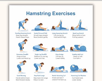 Póster de entrenamiento para isquiotibiales y glúteos: guía imprimible de ejercicios para el día de piernas y la parte inferior del cuerpo.