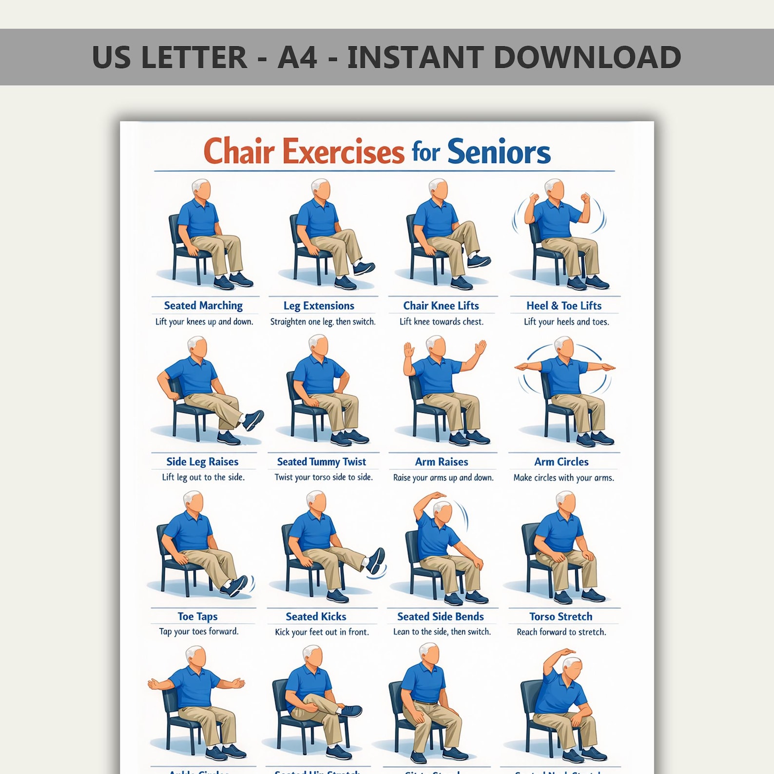 Printable Chair Exercises for Seniors Posters, Chair Exercises for the