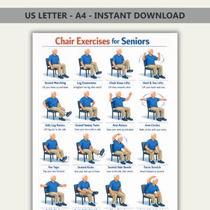 May include: A printable poster titled "Chair Exercises for Seniors" featuring illustrations of various seated exercises. The exercises include leg extensions, arm raises, and torso stretches. The poster is designed for seniors to perform exercises while seated.