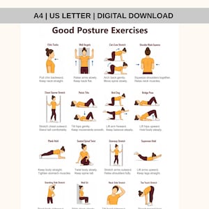 May include: A digital download titled "Good Posture Exercises" in A4 size. The image displays various exercises, including Chin Tucks, Wall Angels, Cat-Cow Stretch, and Shoulder Blade Squeeze. Each exercise is illustrated with a person demonstrating the movement, accompanied by instructions.