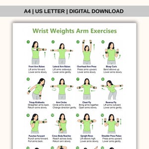 May include: A digital download chart titled Wrist Weights Arm Exercises, featuring twelve numbered illustrations of a person in a green shirt wearing wrist weights, demonstrating various arm movements with instructional text for each exercise.