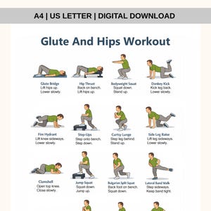 Op de afbeelding: Digitale download van een trainingsgids voor billen en heupen. De gids bevat geïllustreerde oefeningen, waaronder glute bridge, hip thrust, bodyweight squat, donkey kick, fire hydrant, step-ups, curtsy lunge, side leg raise, clamshell, jump squat en meer.