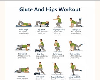 Glutes & Hips Workout Printable | Lower Body Leg and Glute Exercise Chart | Home Gym Fitness Poster PDF