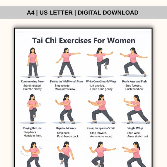 Tai Chi Exercise for Women, Tai Chi Exercise Chart, Printable Exercise Charts, Exercise Chart for Adults, Pdf Exercise, Digital Download