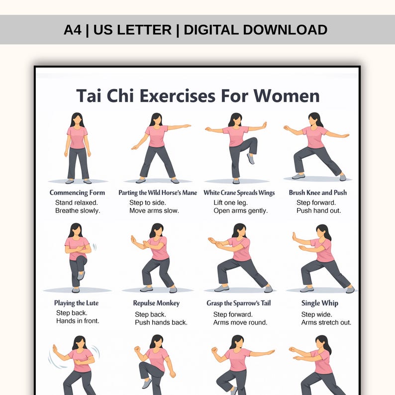 Tai Chi Exercise for Women, Tai Chi Exercise Chart, Printable Exercise Charts, Exercise Chart for Adults, Pdf Exercise, Digital Download image 1
