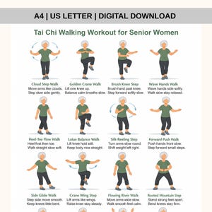 Può includere: Download digitale di un allenamento di Tai Chi a piedi per donne anziane. L'immagine mostra 12 passaggi illustrati con istruzioni. Ogni passaggio presenta una persona con una camicia verde e pantaloni neri.