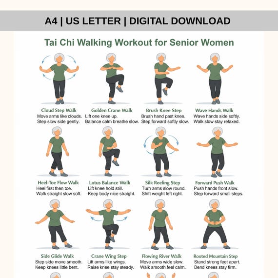 Tai Chi Walking Workout for Women, Tai Chi Walking for Seniors, Tai Chi Walking Chart, Printable Tai Chi Exercises for Seniors, Pdf Exercise