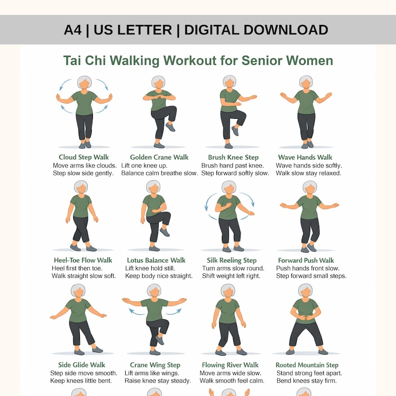 May include: Digital download of a Tai Chi walking workout for senior women. The image shows 12 illustrated steps with instructions. Each step features a person in a green shirt and black pants demonstrating the exercise.