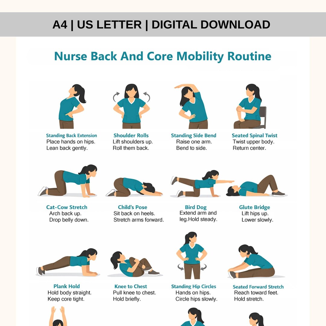 Nurse Back and Core Mobility Routine Printable | 16 Stretch Exercises ...