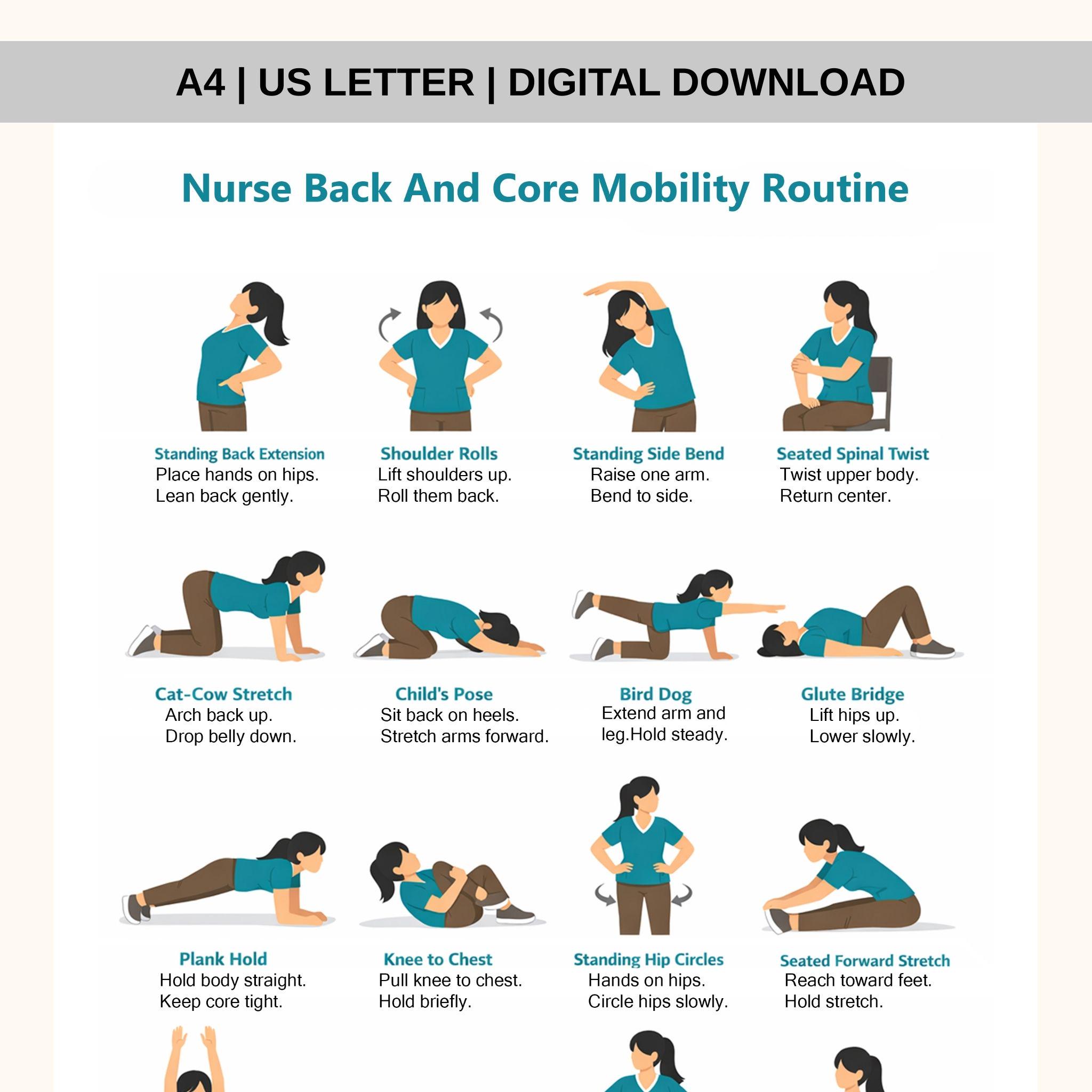 Nurse Back and Core Mobility Routine Printable | 16 Stretch Exercises ...