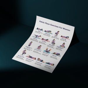 May include: A white poster titled "Pelvic Floor Exercises For Women" with illustrations of various exercises. The exercises include Kegels, Bridge Pose, and Heel Slides. The poster is angled against a dark blue background.