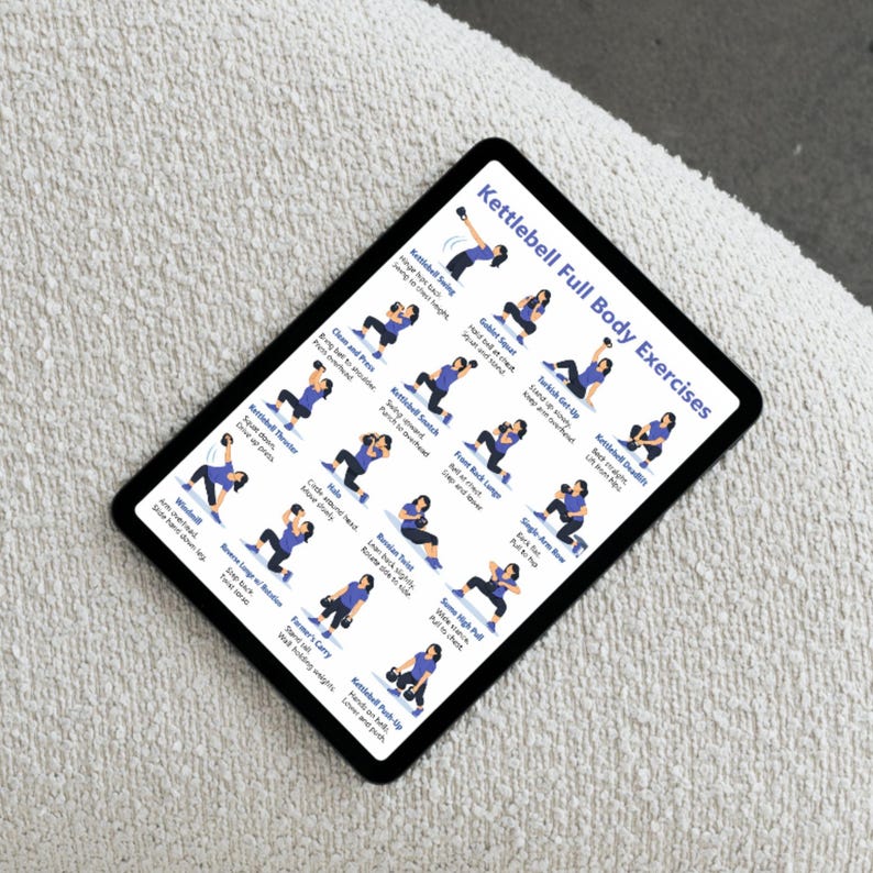 Kettlebell Workout Poster, Full Body Beginner Exercises, Printable PDF