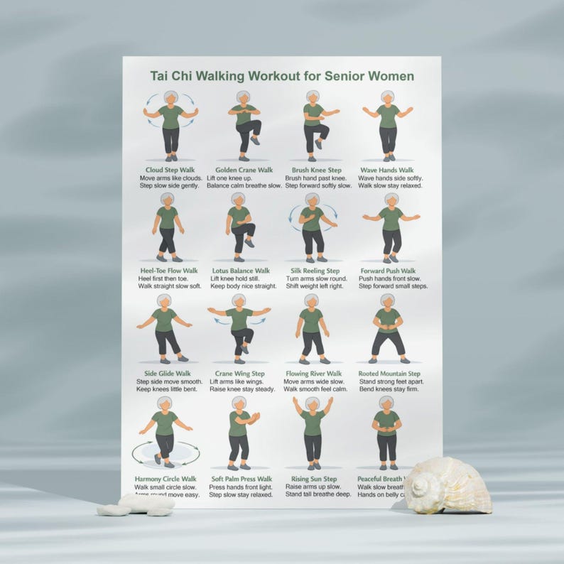 May include: A poster titled "Tai Chi Walking Workout for Senior Women" displays illustrated steps for various Tai Chi exercises. The poster features figures demonstrating movements like Cloud Step Walk and Golden Crane Walk. A seashell rests in the lower right corner.