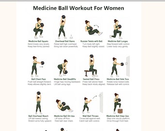 Rutina de ejercicios con balón medicinal para mujeres (PDF imprimible) / Tabla de ejercicios de cuerpo completo / Póster de fitness para gimnasio en casa