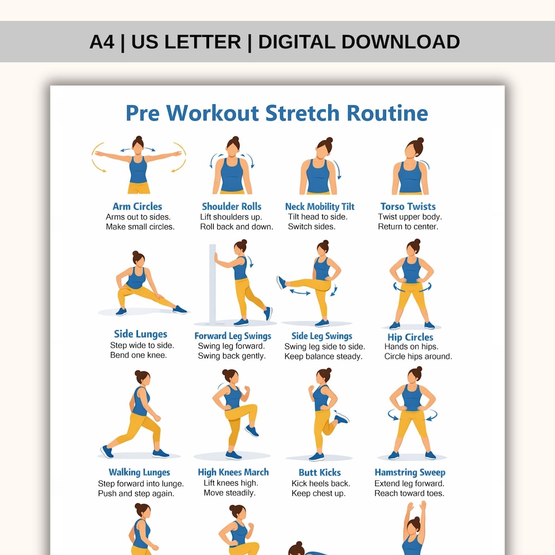 Pre Workout Stretch Routine Poster PDF, Dynamic Warm up Stretch
