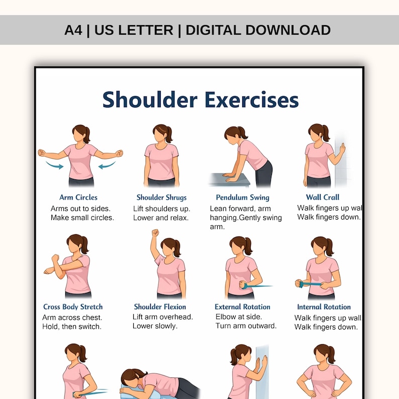 May include: A digital download chart titled Shoulder Exercises featuring A4 and US Letter sizes. The poster displays twelve illustrations of a person in a pink shirt performing various physical therapy movements with descriptive text labels.