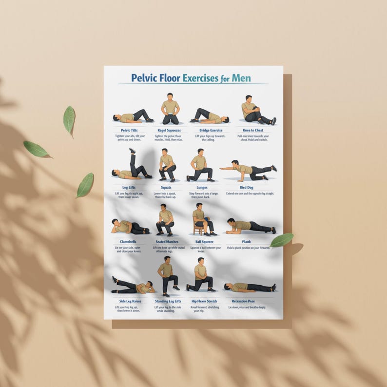 May include: A poster titled "Pelvic Floor Exercises for Men" displays illustrations of various exercises. The poster features a beige background with green leaves and shadows. The exercises include pelvic tilts, kegel squeezes, bridge exercise, and knee to chest.