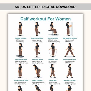 May include: A digital download titled "Calf workout For Women" in A4 size. The image displays illustrated exercises, including standing, single leg, and seated calf raises, along with jump rope bounce and tiptoe walk. The exercises are designed to strengthen the calf muscles.