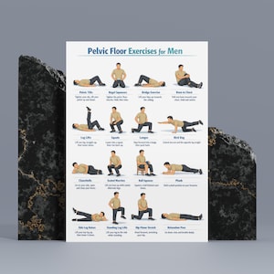 May include: A poster titled "Pelvic Floor Exercises for Men" displays illustrated exercise instructions. The exercises include pelvic tilts, kegel squeezes, bridge exercise, knee to chest, leg lifts, squats, lunges, bird dog, clamshells, seated marches, ball squeeze, plank, side leg raises, standing leg lifts, hip flexor stretch, and relaxation pose.