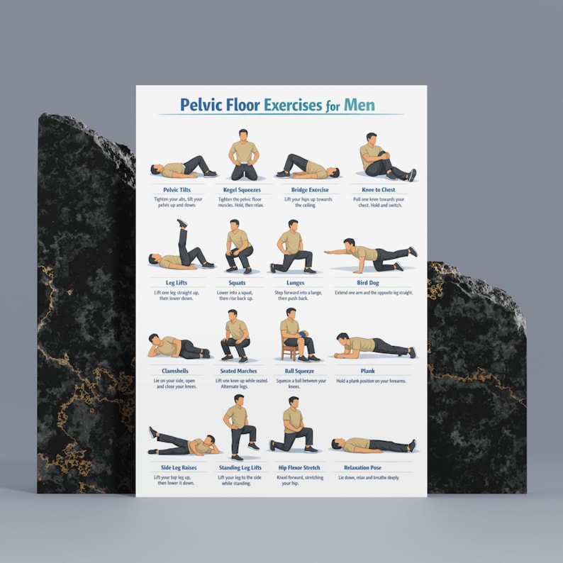 May include: A poster titled "Pelvic Floor Exercises for Men" displays illustrated exercise instructions. The exercises include pelvic tilts, kegel squeezes, bridge exercise, knee to chest, leg lifts, squats, lunges, bird dog, clamshells, seated marches, ball squeeze, plank, side leg raises, standing leg lifts, hip flexor stretch, and relaxation pose.