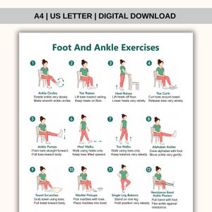 May include: A digital download chart titled Foot And Ankle Exercises featuring twelve numbered illustrations of a person performing physical therapy movements. The guide includes instructions for ankle circles, toe raises, heel raises, and resistance band flexion.